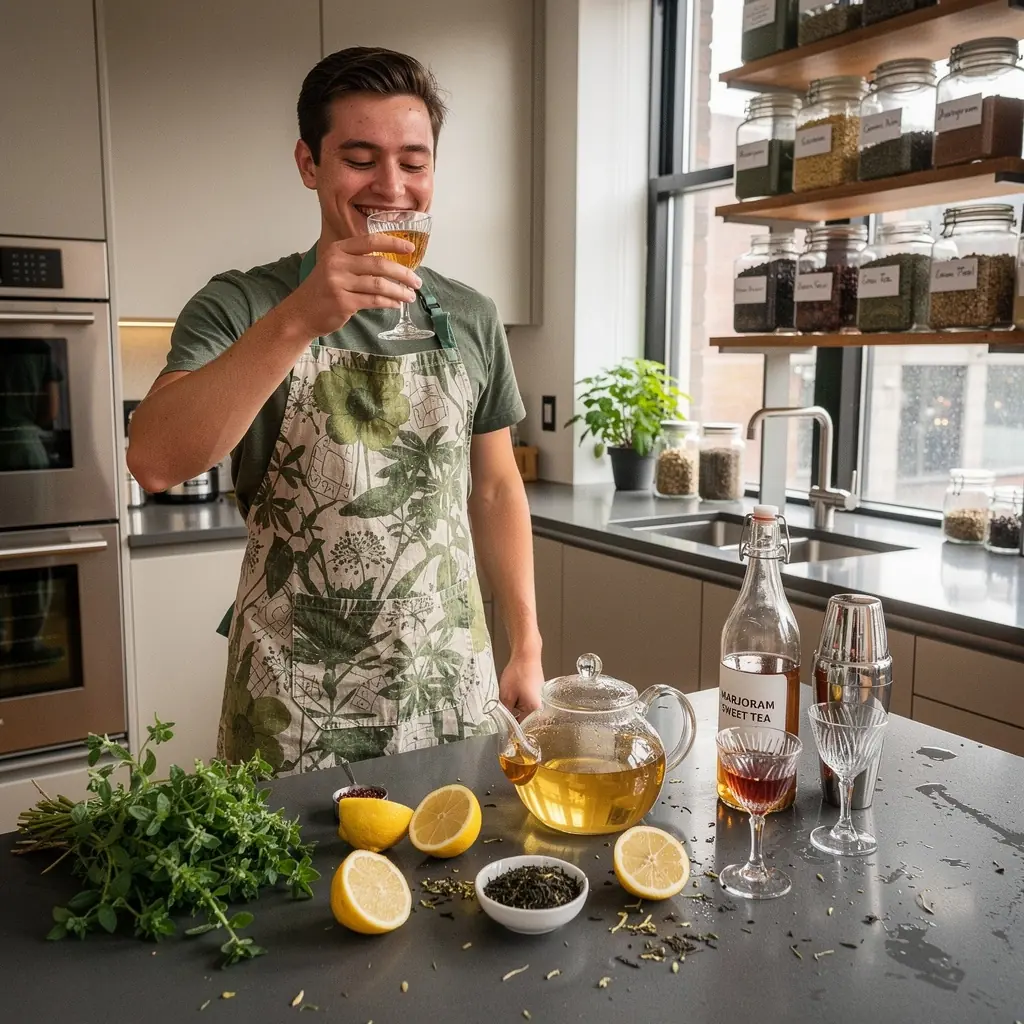 Édes majoránnás tea, friss gyógynövényekkel teli csésze.