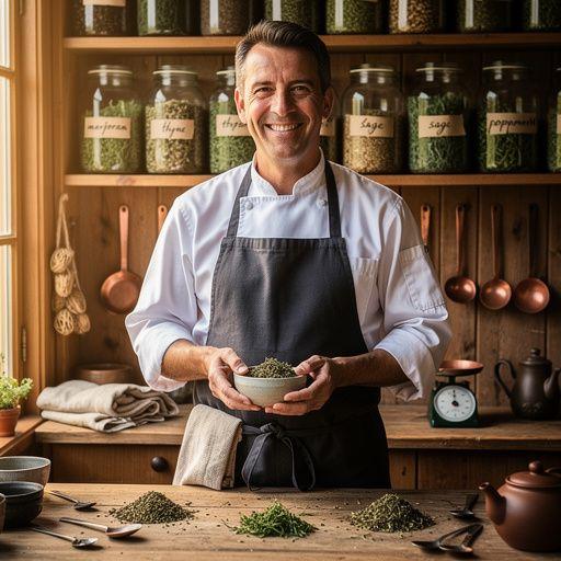 Édesmajoránna tea csészében, körülötte friss gyógynövények.